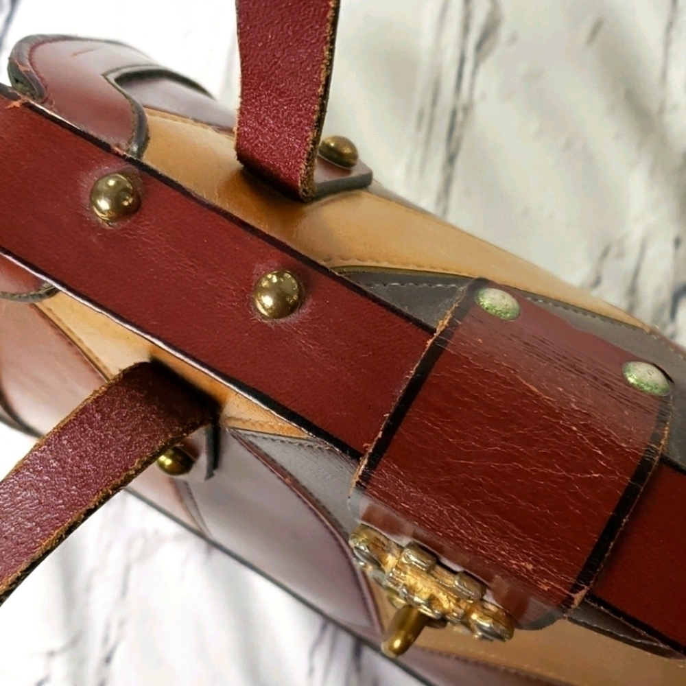 Vintage Leather Patched Satchel Handbag Browns Mid Century - Picture 6 of 16